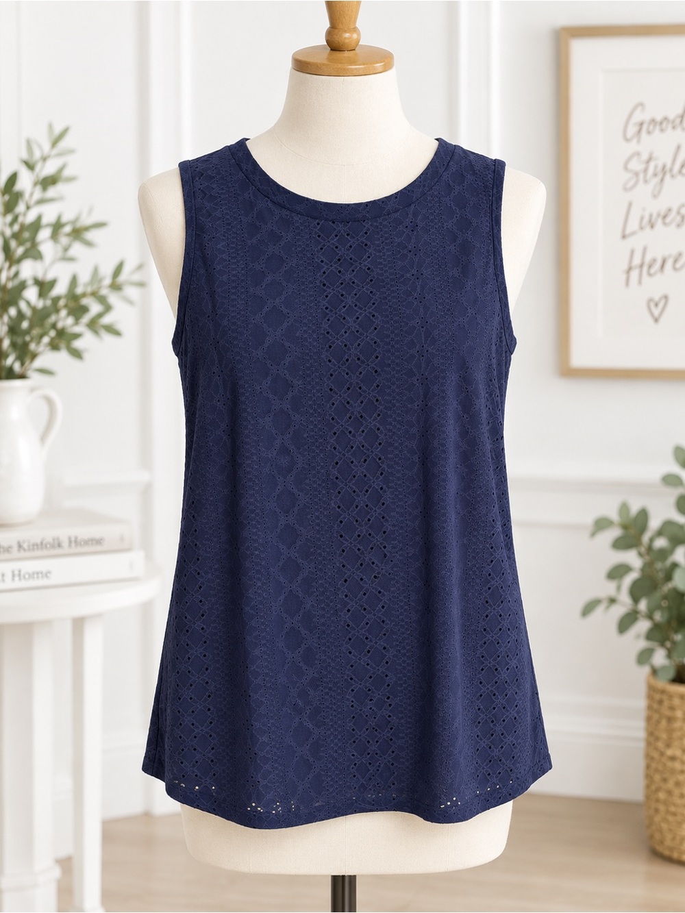 zeagoo Navy Eyelet Knit Sleeveless Tank